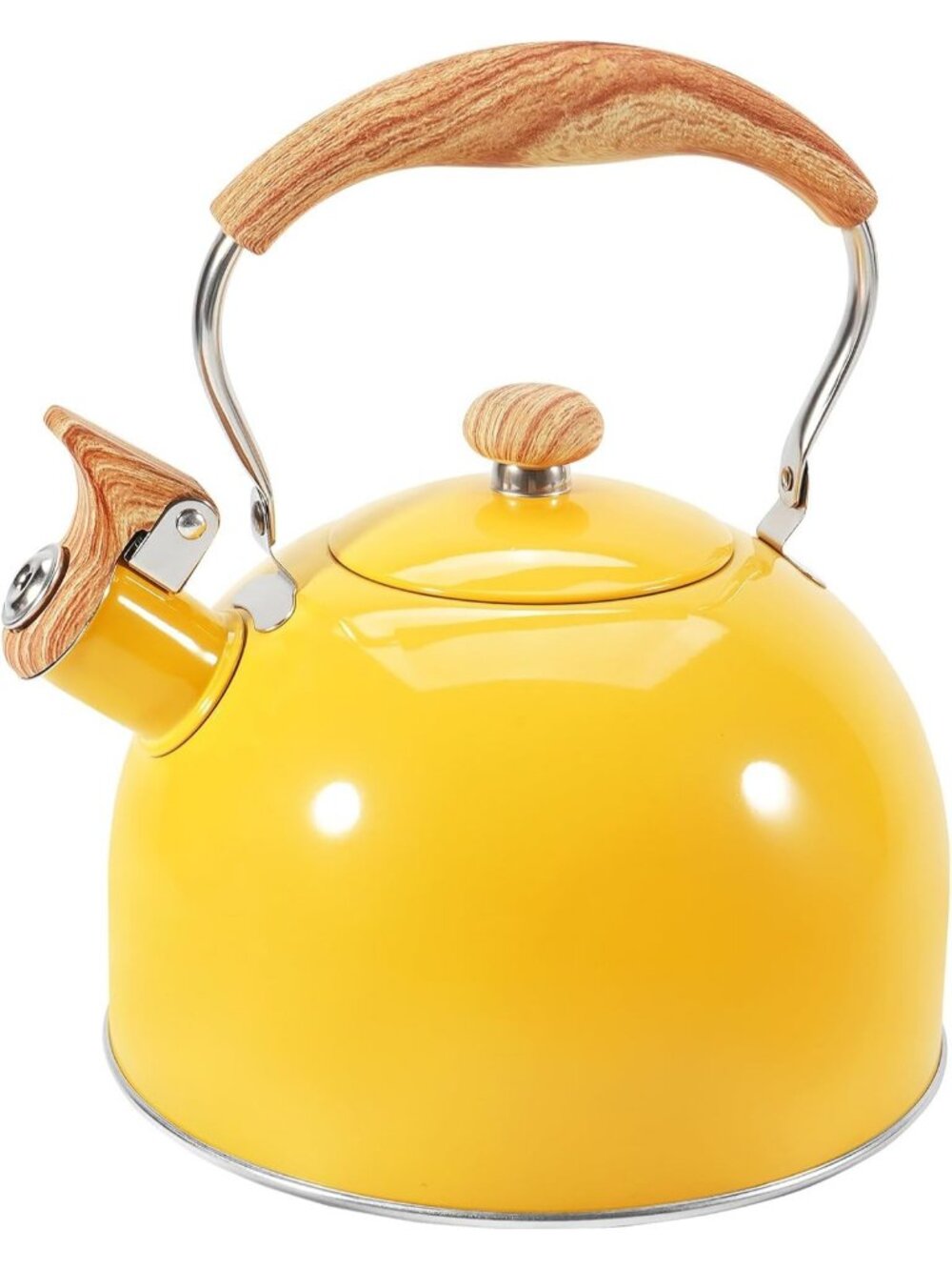 GGC Yellow Stainless Steel Kettles 2.6QT Whistling Stove Top Folding Wood Handle